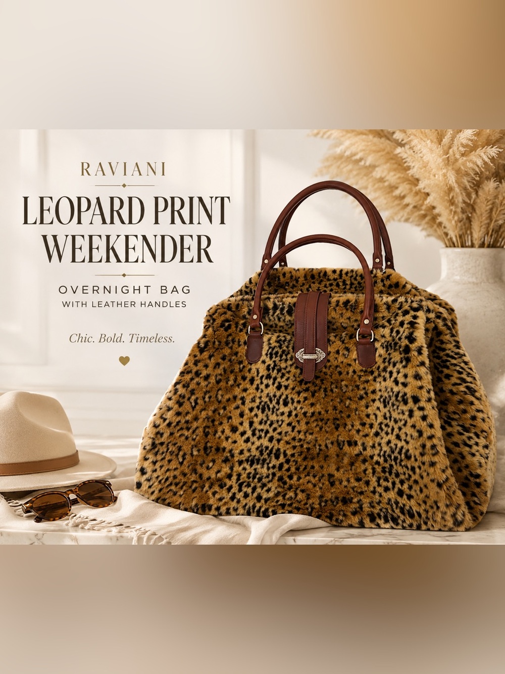 Raviani Leopard Print Faux Fur Overnight Weekender with Leather handles
